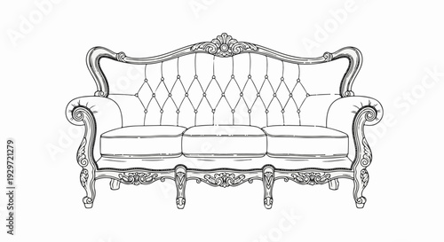 An ornate, tufted, three-seat couch with carved wooden legs and armrests