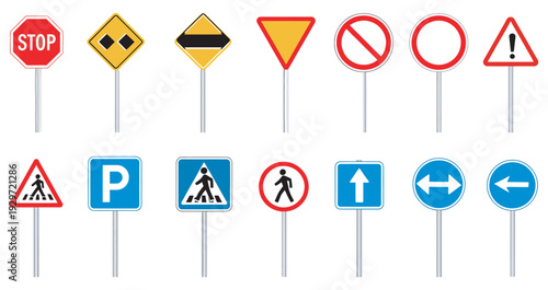 Traffic Sign Illustration Set, 12 Warning and Regulatory Signs, Two Row Arrangement, White Background Vector