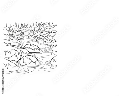 A rocky stream flows gently through a forest with bare trees in this monochrome illustration