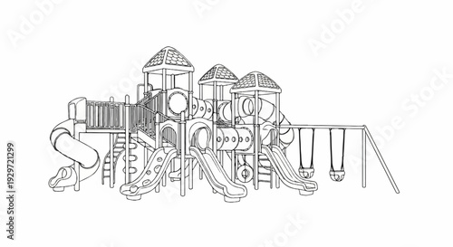 Large outdoor play structure with multiple slides, tunnels, and swings