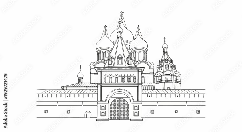 Fototapeta premium Elaborate black and white line art of a grand complex with domes and crenellated walls