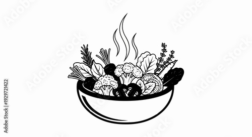 Black and white line drawing of a steaming bowl filled with assorted fresh vegetables and herbs