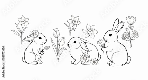 Three charming rabbits surrounded by blooming flowers and spring flora