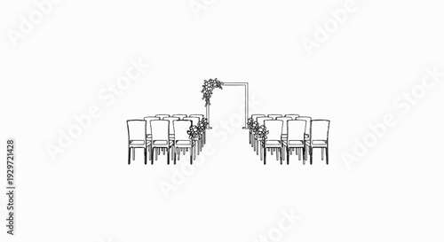 A sketched wedding ceremony setup with rows of chairs facing a floral arch