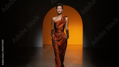 Beautiful young asian woman as a fashion model in a luxury high fashion catwalk fashion show