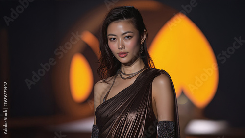 Beautiful young asian woman as a fashion model in a luxury high fashion catwalk fashion show