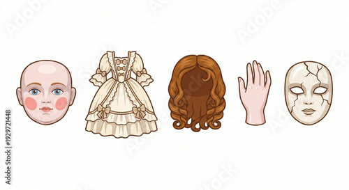 Vintage Doll Construction Kit Head, Ornate Dress, Curly Wig, Hand, and Cracked Porcelain Mask
