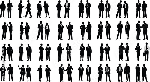 Large Collection of Business People Silhouettes in Various Professional Poses Isolated on White Background Representing Corporate Teamwork, Communication and Leadership Concepts