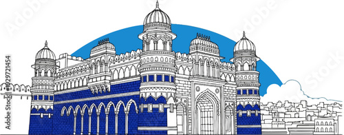 Detailed sketch of a grand fortress with blue accents, domes, and arches