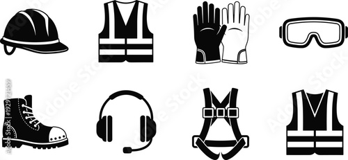 Industrial safety equipment set with hard hat vest gloves and goggles for construction workers, cad drawing flat vector illustration, protection