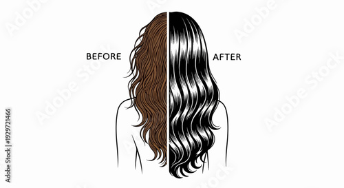 Split image shows wavy brown hair before and shiny black hair after styling