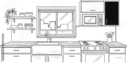 A kitchen counter with a sink, stove, microwave, cabinets, shelves, and window