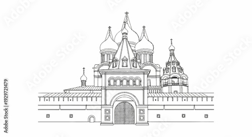 Elaborate black and white line art of a grand complex with domes and crenellated walls
