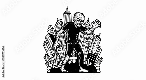 Animated zombie walks through stylized city skyscrapers in a black and white cartoon