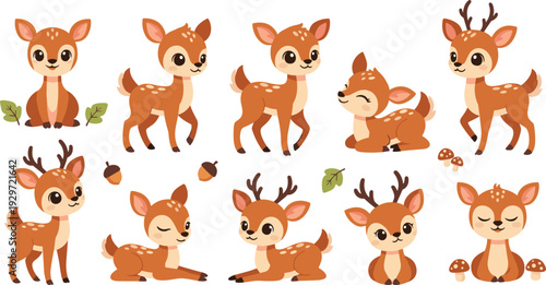 Cute Baby Deer and Fawn Vector Collection with Adorable Forest Animal Characters, Woodland Nature Elements, and Sweet Whimsical Illustrations for Nursery and Kids Designs