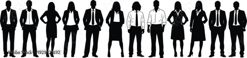 Diverse Business Team Silhouettes Standing in Formal Corporate Attire Isolated on White Background Representing Leadership, Unity and Professionalism