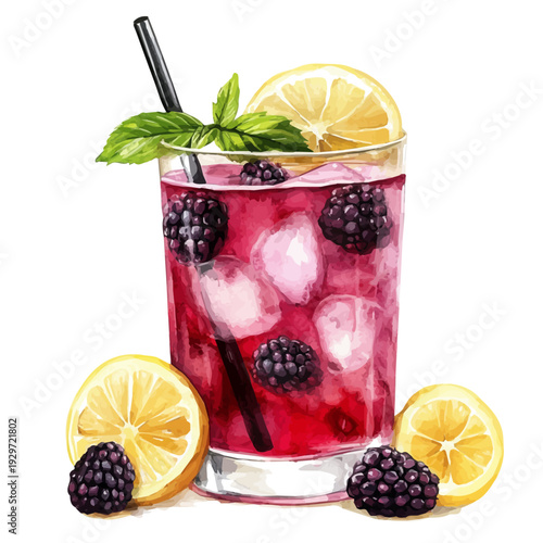 Blackberry Lemonade, watercolor painting capturing graceful lines and soft blended shades, isolated on a white background.