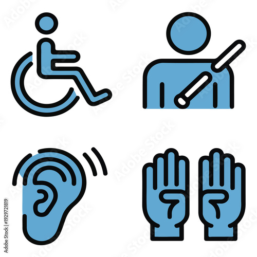 Color accessibility icons including wheelchair symbol and person with cane plus hearing aid and sign language gestures for medical support and inclusion and handicap awareness and safety