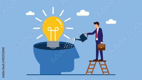 Businessman watering light bulb idea inside human head, creative thinking and innovation concept, leadership strategy growth vector illustration