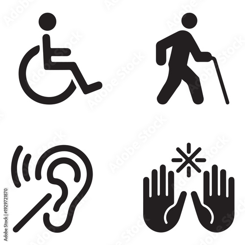 Disabled people icon set including wheelchair user walking with cane hearing aid and sign language symbols for accessibility inclusion medical support handicap awareness and physical therapy