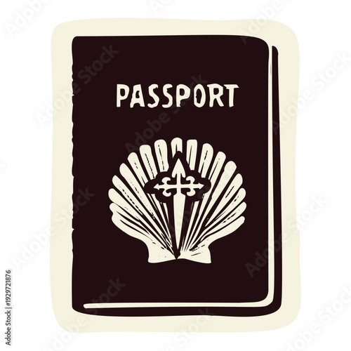 Hand drawn pilgrims way passport icon. lack and white scallop shell pilgrimage book for stamps on the camino in spain. St James cross for religious christian pass