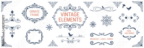 ornate vintage frames collection, scroll elements and classic calligraphy swirls, swashes and floral motifs, decorative design for greeting cards, elegant vector illustration set.