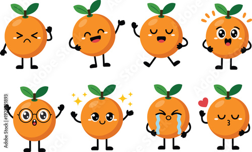 Cute orange fruit cartoon characters set with different facial expressions, kawaii citrus mascot vector illustration isolated on white background