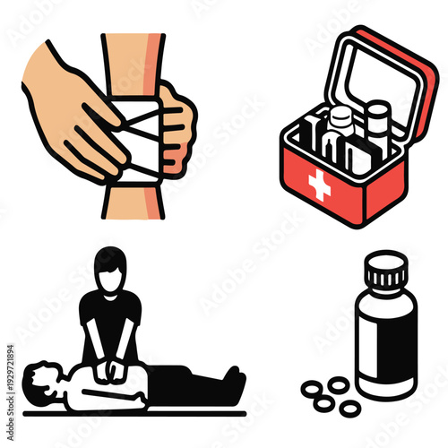 First aid and medical emergency icons set showing bandage application rescue kit box cpr life saving procedure and medicine bottle with pills for healthcare and safety training materials