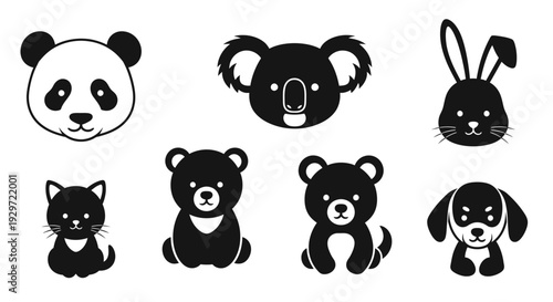 Animal Silhouette Collection: A charming collection of simplified animal silhouettes, showcasing the elegance of a panda, a koala, a rabbit, a cat, two different bear cubs, and a dog.