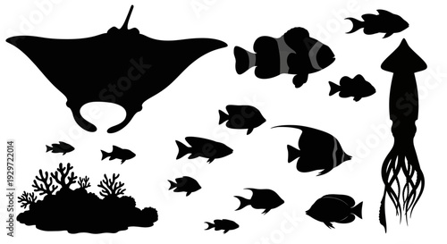 Underwater Silhouette: A collection of various aquatic creature silhouettes. Including a majestic stingray, clownfish, squid, and a coral reef.