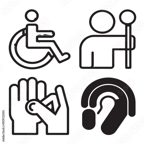 Accessibility outline icons for disabled people featuring wheelchair user blind person with cane sign language gesture and hearing aid device for inclusive design and medical assistance