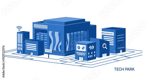 Tech Park Innovation: A stylized illustration of a vibrant tech park, showcasing sleek buildings and interconnected networks, symbolizing innovation and technological advancement. 