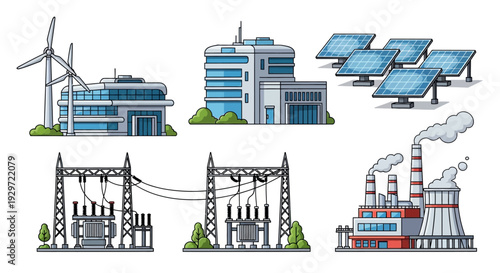Powering the Future: A captivating illustration of modern power structures including wind turbines, solar panels and industrial facilities, representing sustainable energy and technology.