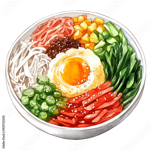 Bibimbap, watercolor illustration featuring playful movement and lively expressions, isolated on a white background.