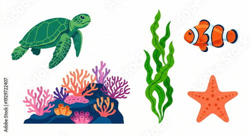 Colorful underwater scene with a sea turtle, clownfish, starfish, and coral