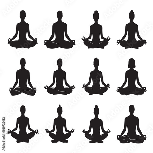 Yoga meditation poses silhouettes set for wellness and mindfulness and healthy lifestyle and fitness showing various sitting positions for mental balance and relaxation and soul harmony
