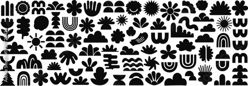 Abstract botanical and floral icon mega collection, modern decorative plant shapes, sun, rainbow and nature symbols vector set.
