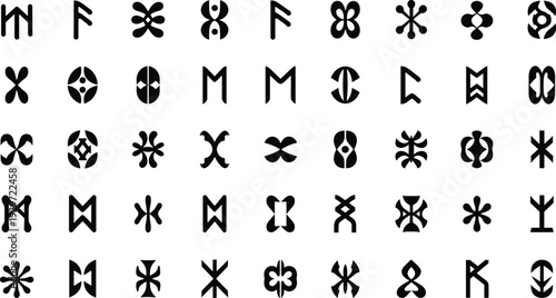 Abstract geometric symbols and tribal rune icon set, modern black ornamental shapes, decorative logo elements vector collection.