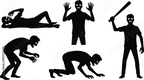 Zombie silhouettes collection set, scary undead characters walking crawling and attacking, horror halloween monster black vector illustration isolated