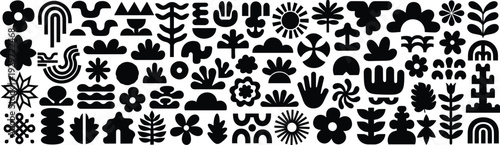 Abstract floral and botanical icon collection, modern decorative plant shapes and sun symbols, minimal black nature vector set.