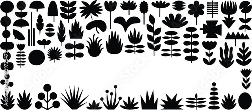 Abstract plant silhouette collection, modern botanical leaf and flower shapes, minimal black nature icons vector set.
