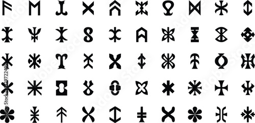 Abstract tribal rune symbols collection, geometric black glyph icons, ancient ornamental signs and logo design elements vector set.