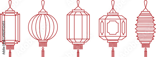 Chinese lantern outline collection, traditional Asian hanging festival lamps, red line art decorative oriental lantern vector set.