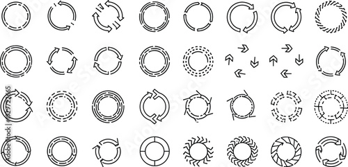 Circular arrow icons collection, refresh reload rotation cycle loop symbols, modern outline infographic elements vector set.