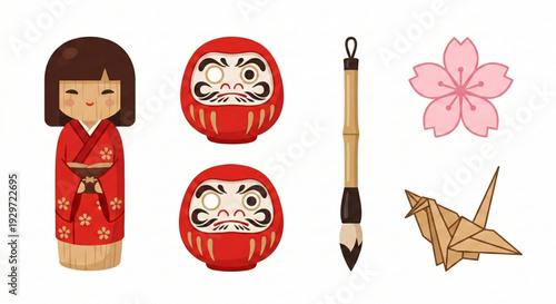 Collection of Japanese cultural icons including dolls, daruma dolls, brush, and origami crane