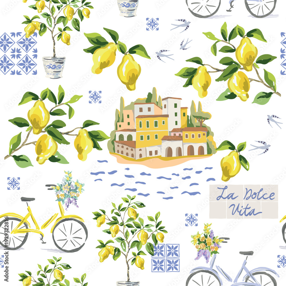 Naklejka premium Yellow lemon fruits, italian coastal town, sea, bicycles, lemon trees in the pots, blue ceramic tile, birds, text La Dolce Vita, white background. Vector illustration. Seamless pattern. Summer trendy 