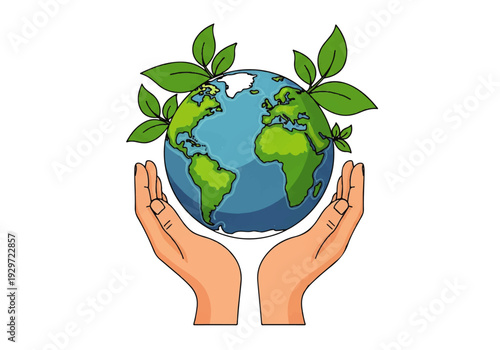 Hands Holding Green Earth Globe.
