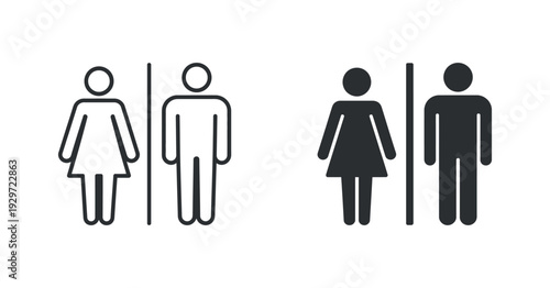 Male and Female Restroom Icons Side by Side Line and Solid Fill Styles Public Facilities Signage Stock Graphic
