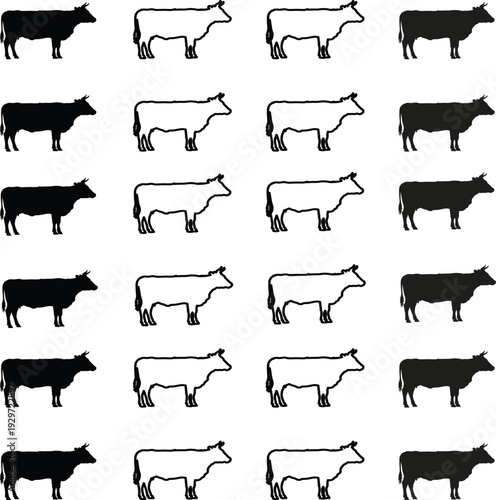 Cow Silhouette Icons Pattern Black and White Outline Farm Animals Simple Livestock Graphics