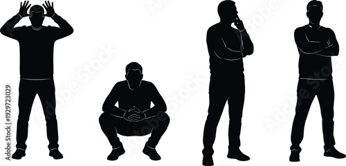Man silhouette pose set with standing and squatting gestures isolated on white background, casual male body outline vector illustration collection design.